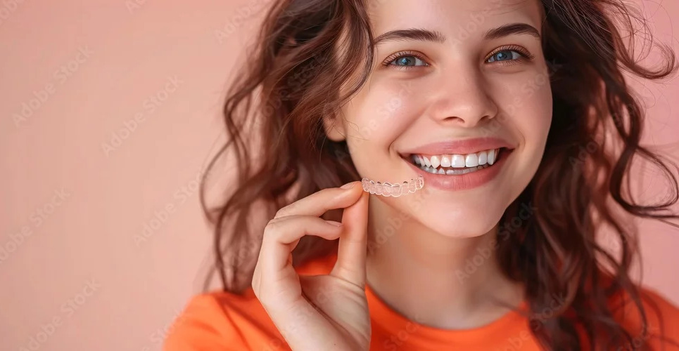 Woman smiling with an Invisalign tray for Modern Smile Design.