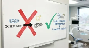 graphic of a white board showing a dual trained orthodontist and cosmetic dentist is better