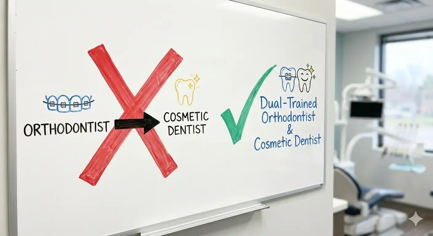 graphic of a white board showing a dual trained orthodontist and cosmetic dentist is better