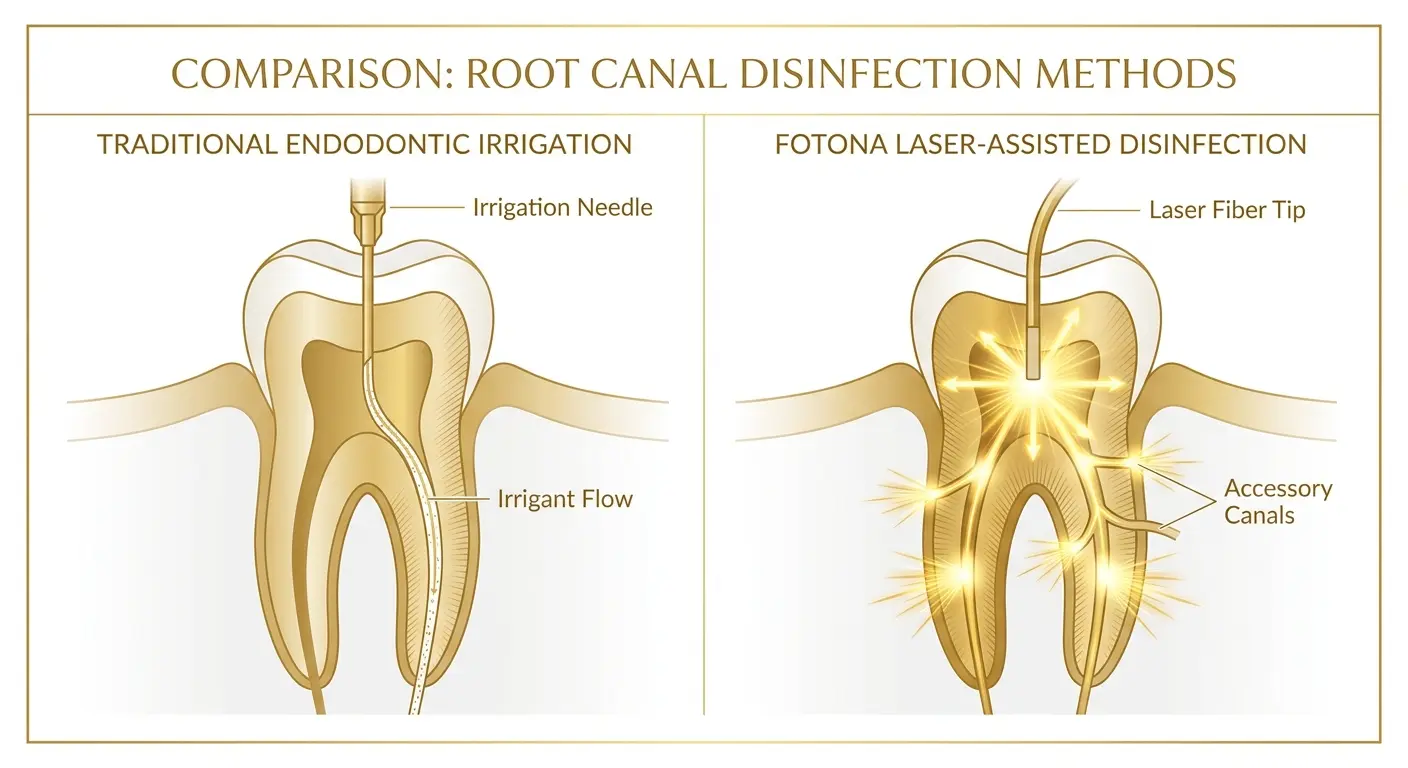 Comparison of traditional needle root canal irrigation versus Fotona laser-assisted disinfection reaching accessory canals