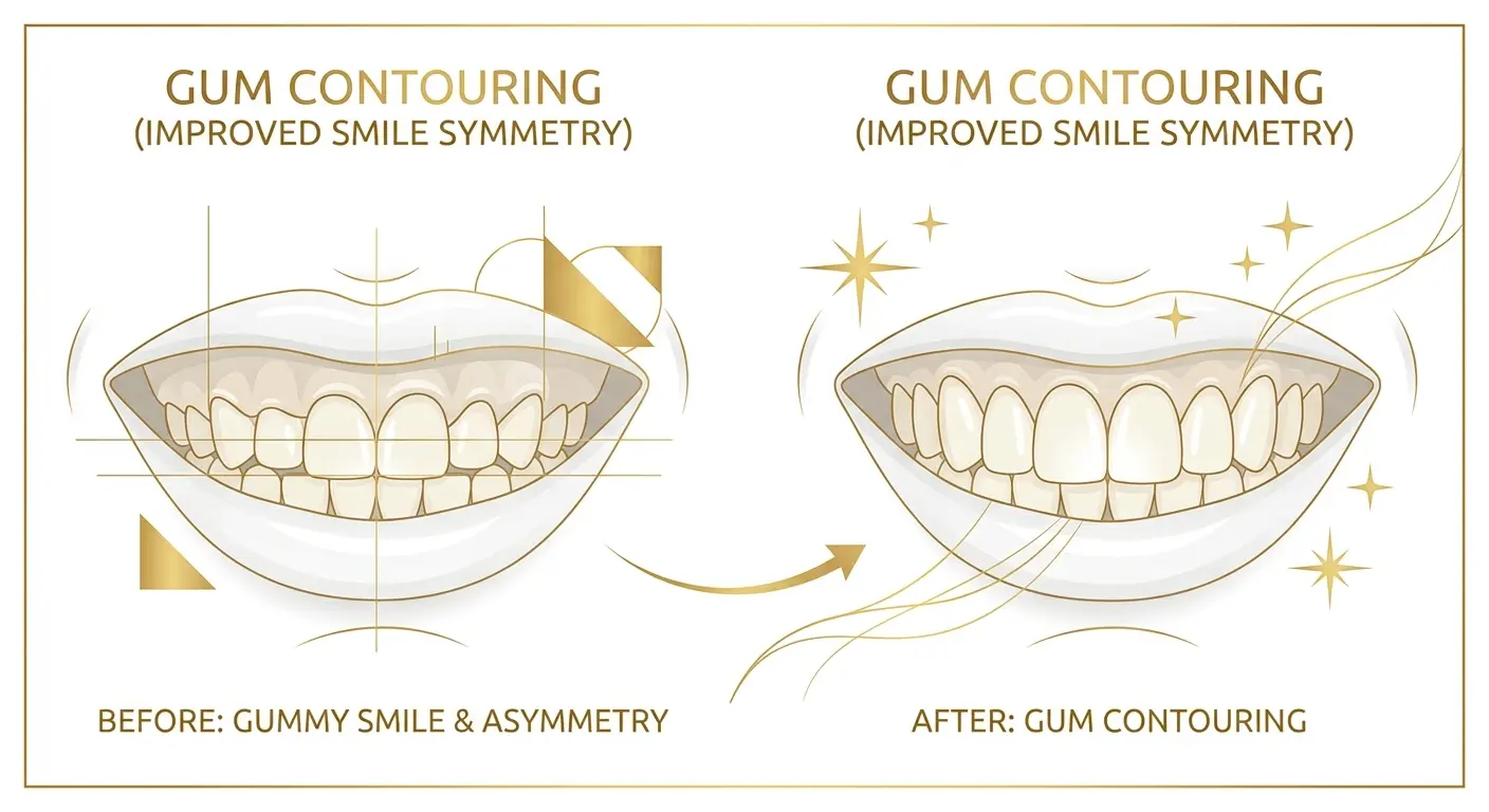 Before and after gum contouring showing improved smile symmetry