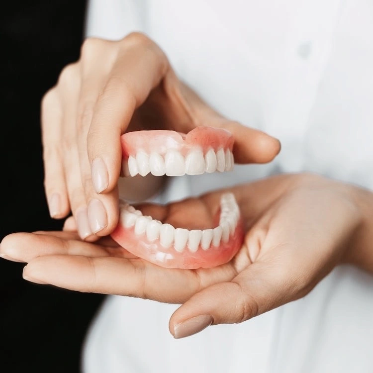 Dental professional holding a model of teeth and gums illustrating periodontal treatment