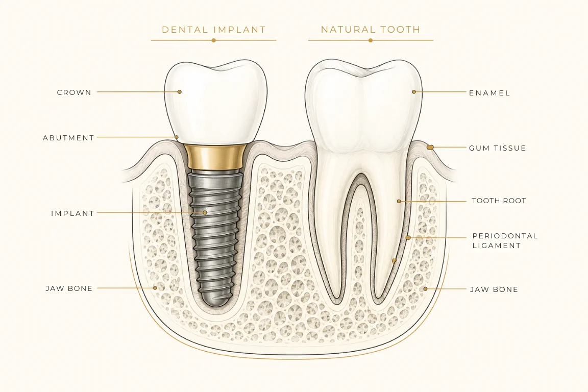 diagram of implant vs natural tooth