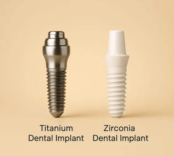Titanium and zirconia dental implants side by side on a gold background, showcasing metal and metal-free implant options at Modern Smile Design in Sarasota.